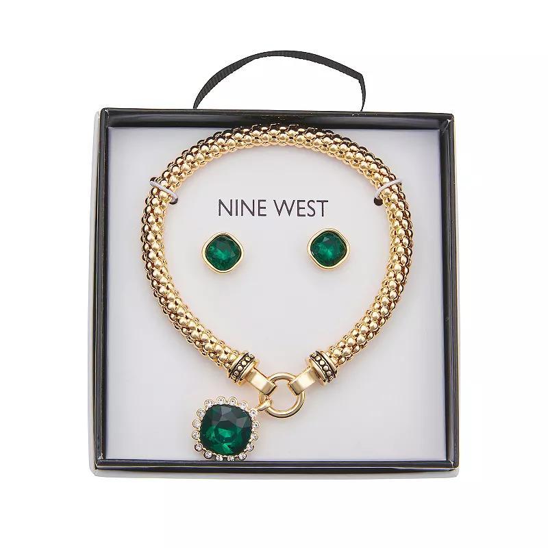 Nine West Gold Tone Stone Stretch Bracelet & Stud Earring Set, Womens, Green Product Image