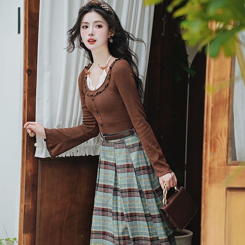 Set: Mock Two-Piece Long-Sleeve Halter Bow Button Crop Knit Top + High Rise Plaid Pleated Midi A-Line Skirt + Belt Product Image