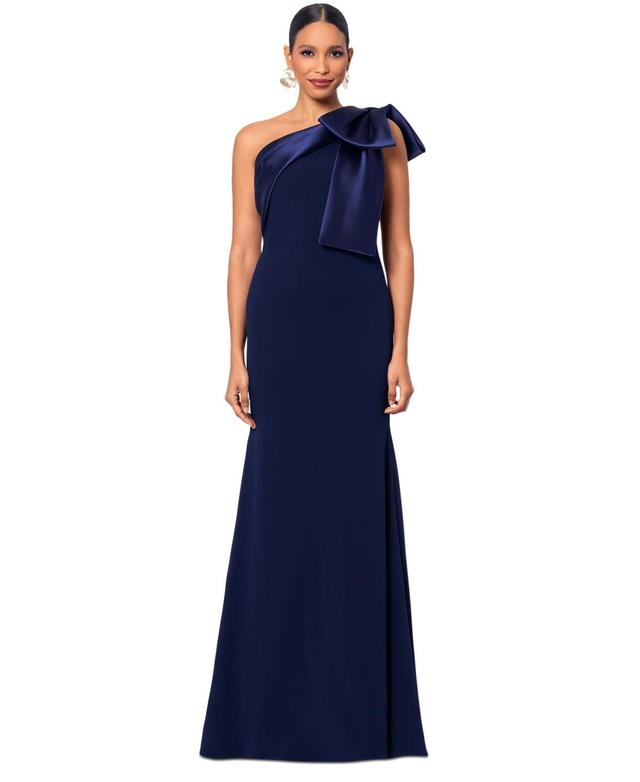 Betsy & Adam Bow One-Shoulder Crepe Mermaid Gown Product Image