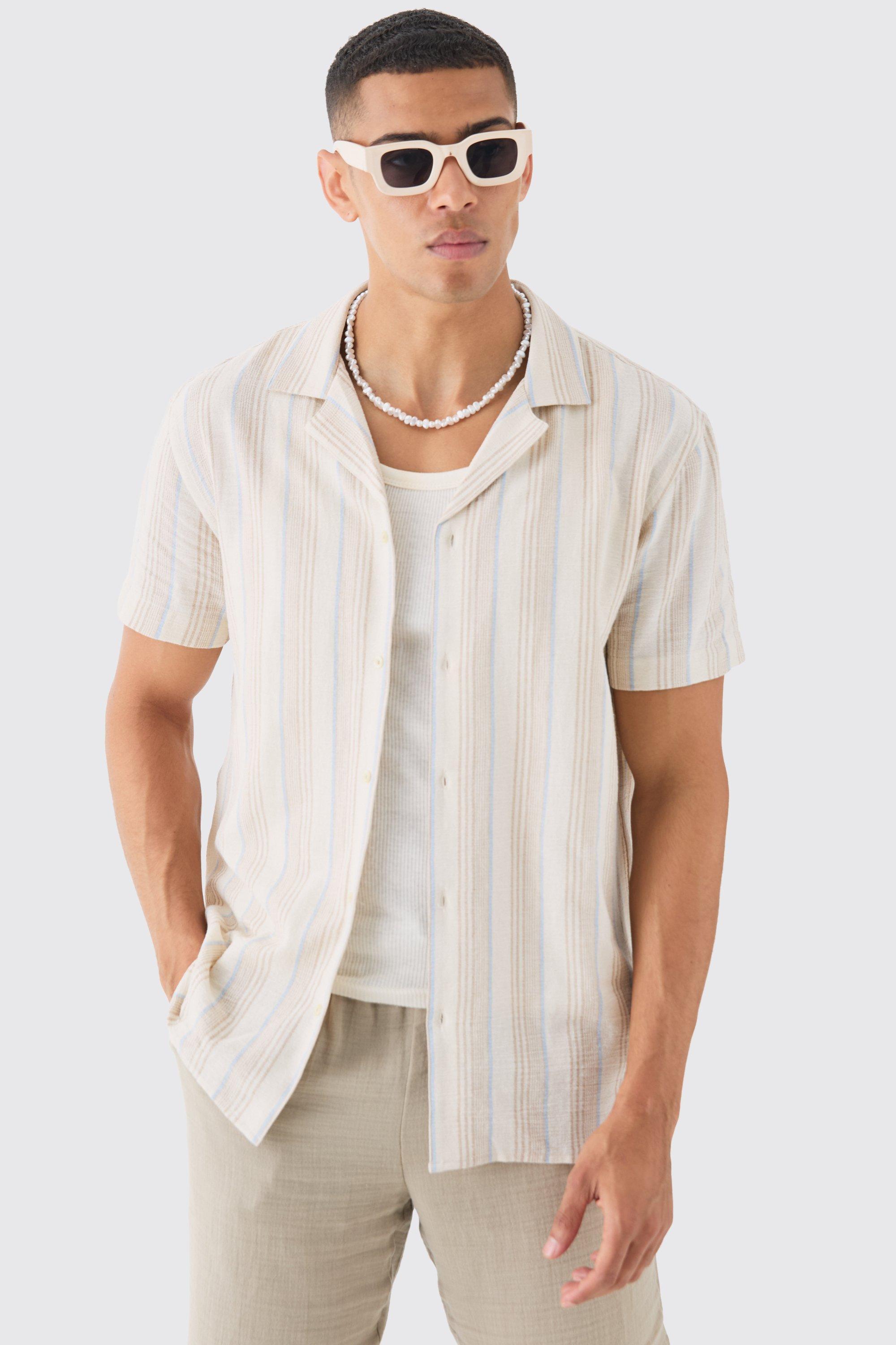 Short Sleeve Textured Tonal Stripe Shirt | boohooMAN USA Product Image