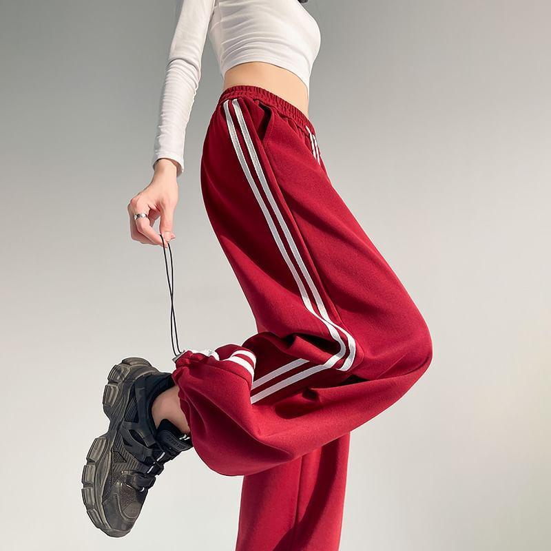 Drawstring Waist Striped Trim Wide Leg Sweatpants Product Image