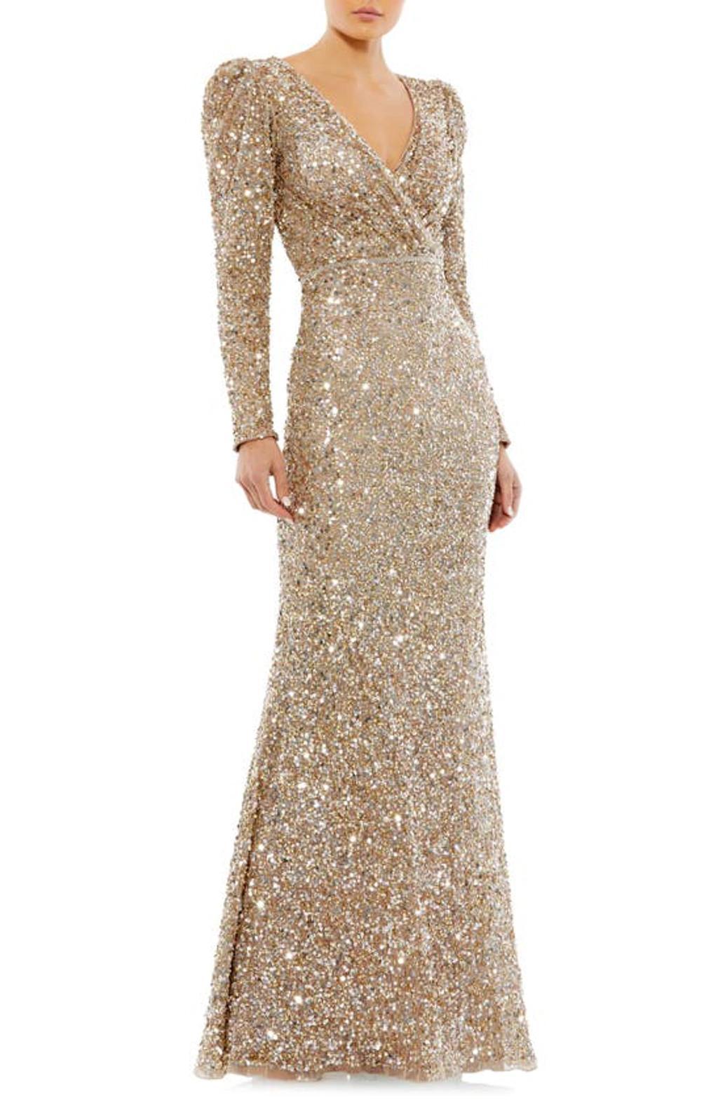 Long Sleeve Sequin Trumpet Gown In Shimmering Gold product image