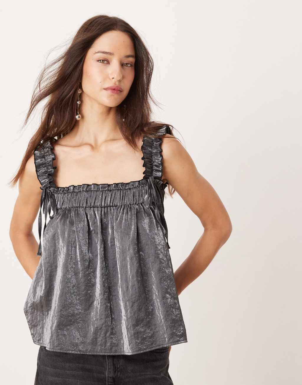 ASOS DESIGN ruffle shoulder cami top in black shimmer Product Image