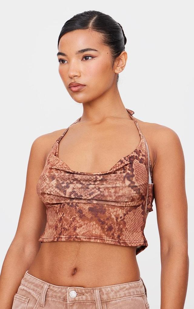 Brown Slinky Snake Skin Cowl Open Back Halterneck Top Product Image