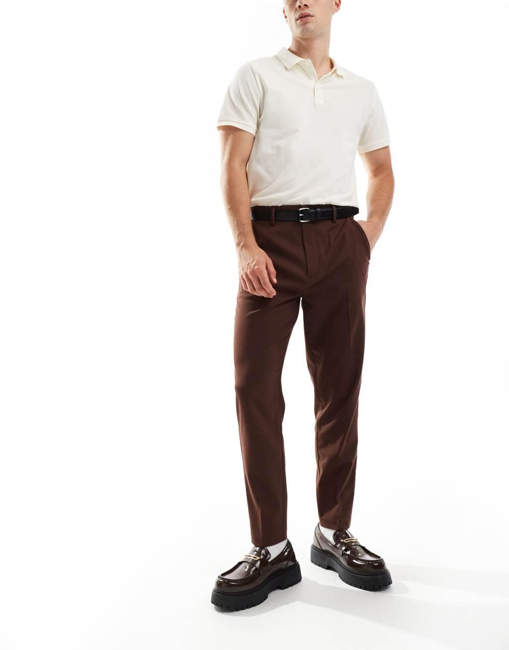 ASOS DESIGN tapered fit dress pants in brown Product Image