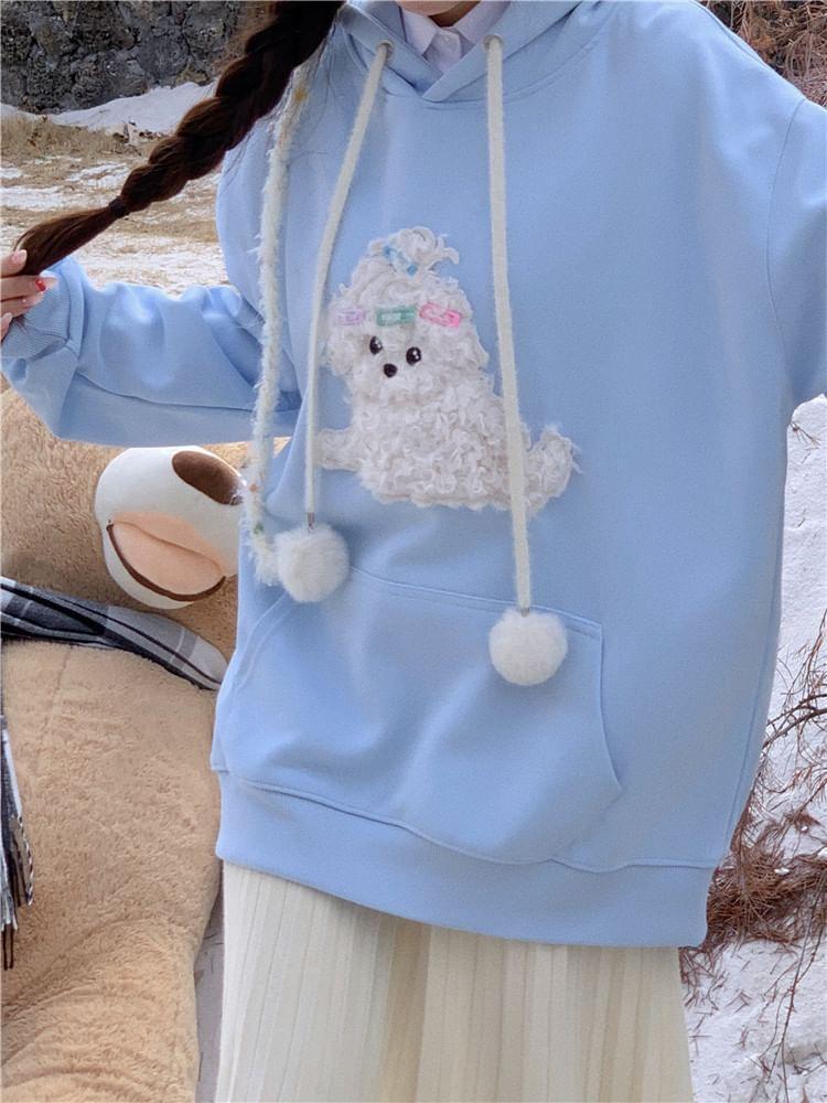 Drop Shoulder Drawstring Dog Applique Oversized Hoodie Product Image