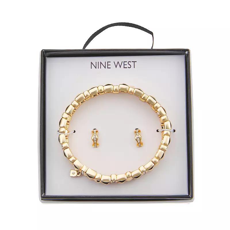 Nine West Gold Tone Pave Wavy Stretch Bracelet & Stud Earring Set, Womens, Clear Product Image