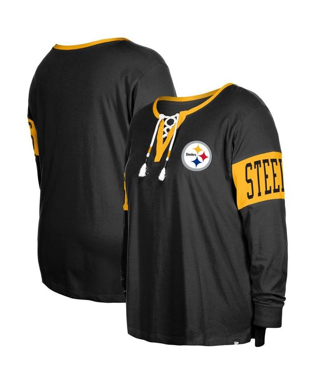 Womens New Era Pittsburgh Steelers Plus Size Lace-Up Notch Neck Long Sleeve T-Shirt Product Image