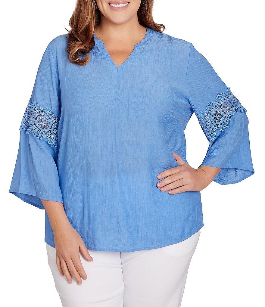 Ruby Rd. Plus Size Solid Split V-Neck Lace Inset 3/4 Bell Sleeve Sleeve Top Product Image