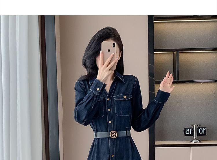 Long-Sleeve Denim Midi A-Line Shirt Dress Product Image