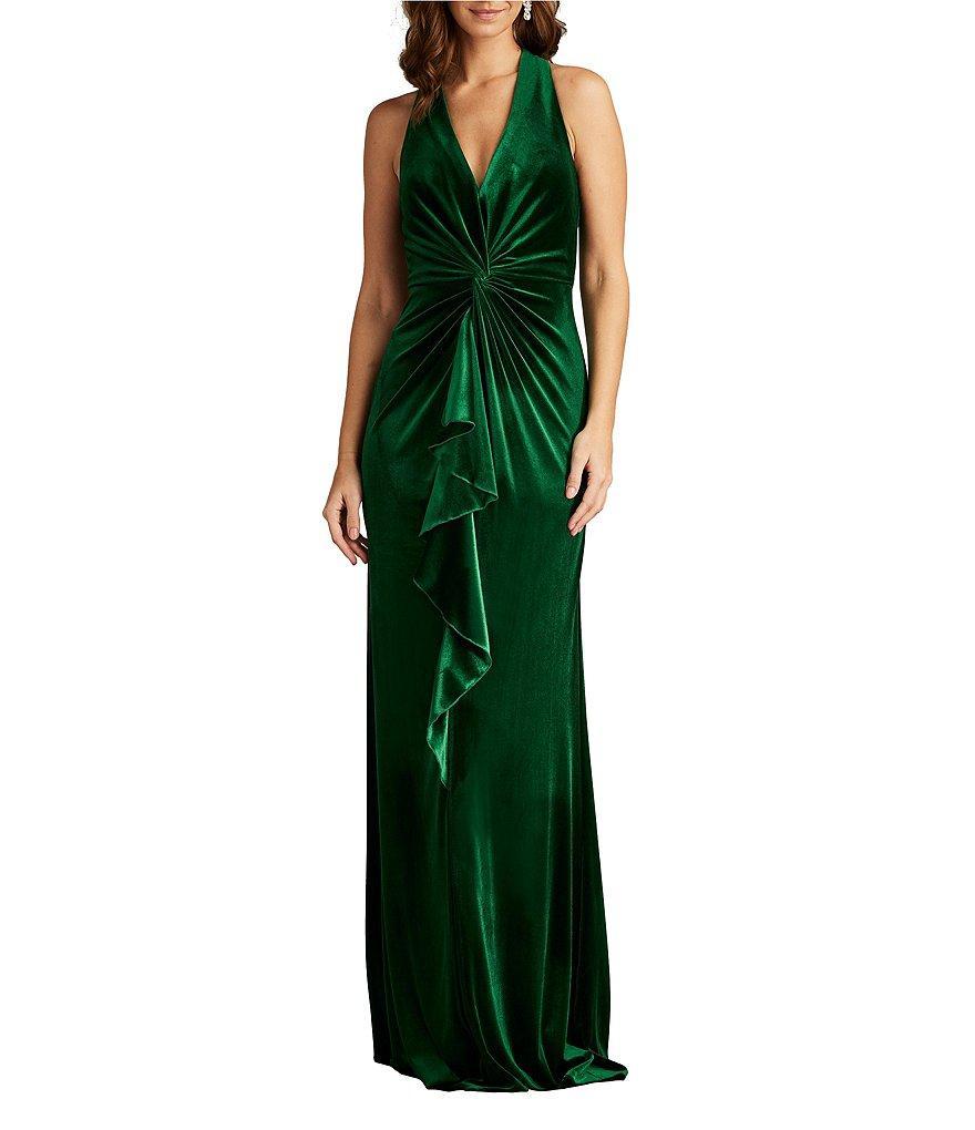 Tadashi Shoji V-Neck Ruched Ruffle Front Sleeveless Velvet Gown product image