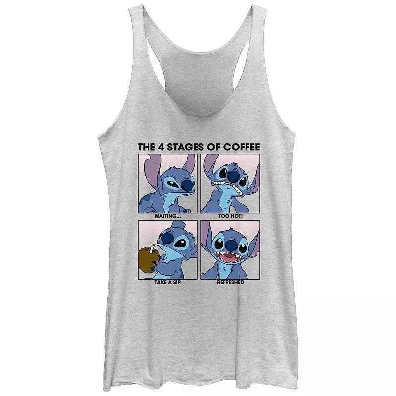 Disneys Lilo & Stitch Juniors The Four Stages Of Coffee Racerback Graphic Tank, Womens White Grey Product Image