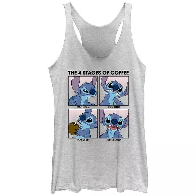 Disneys Lilo & Stitch Juniors The Four Stages Of Coffee Racerback Graphic Tank, Womens White Grey Product Image