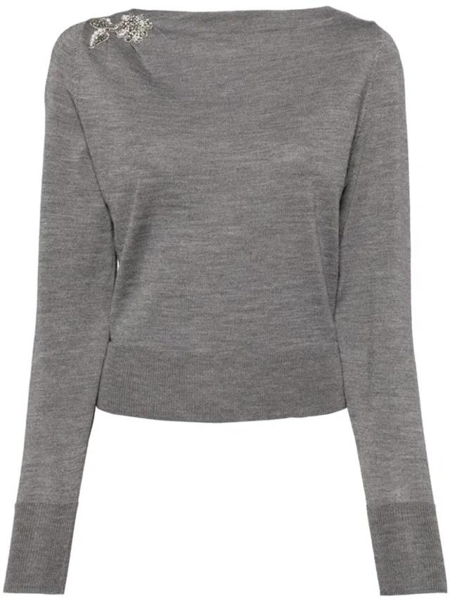 Glass Crystal Embellishment Wool Knitted Top In Grey Product Image