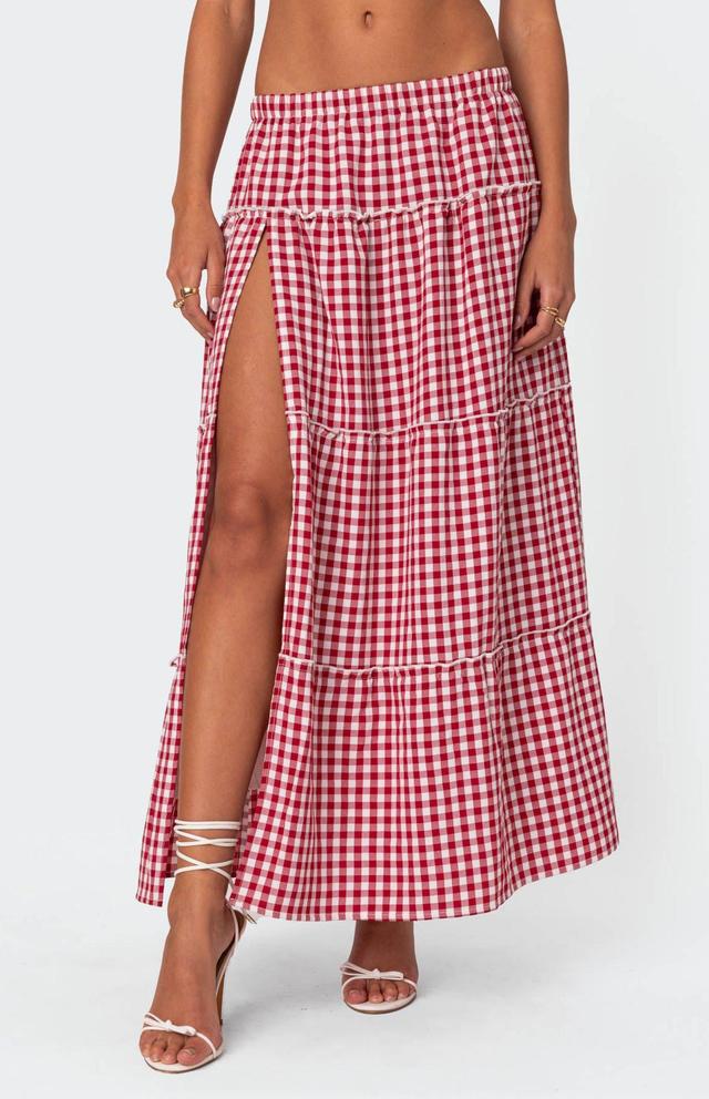 Edikted Women's Gingham Side Slit Tiered Maxi Skirt - Product Image