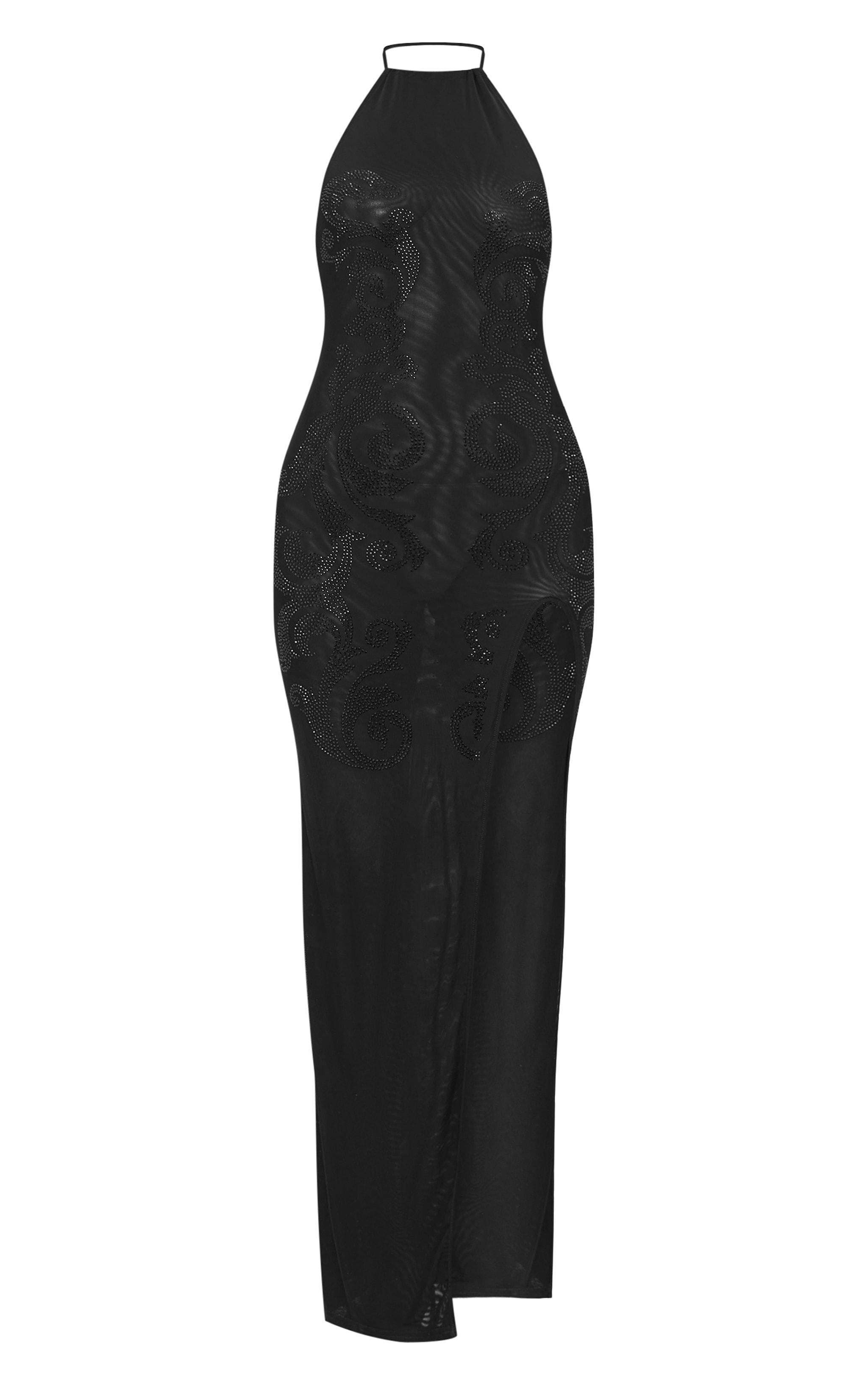 Black Lined Mesh Diamante Detail Split Maxi Dress Product Image