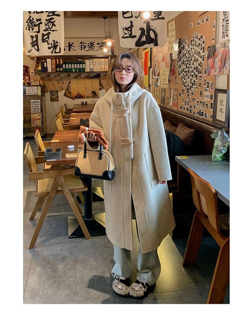 Plain Hooded Toggle Long Coat Product Image