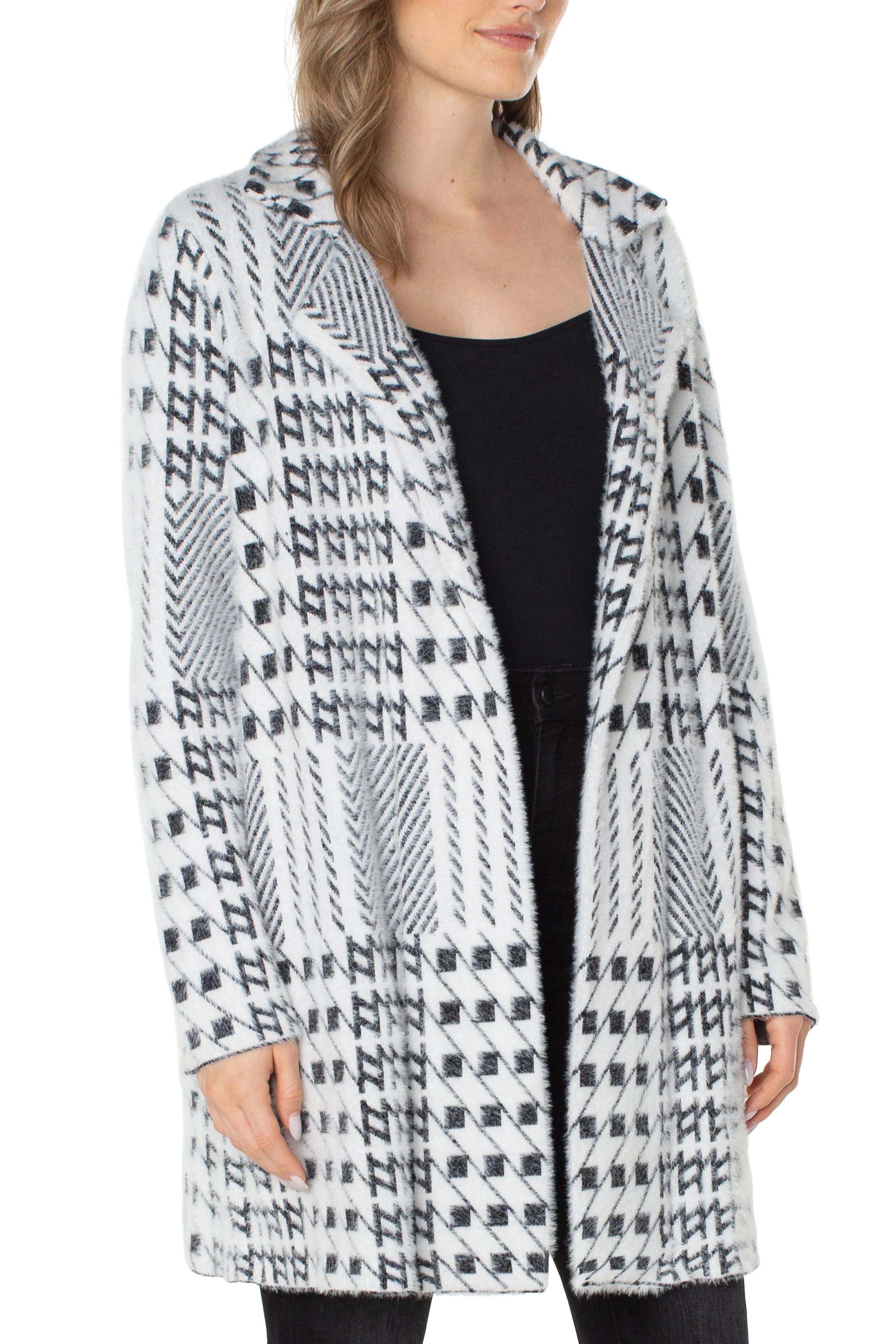 Open Front Sweater Coat- Black/White Plaid Product Image