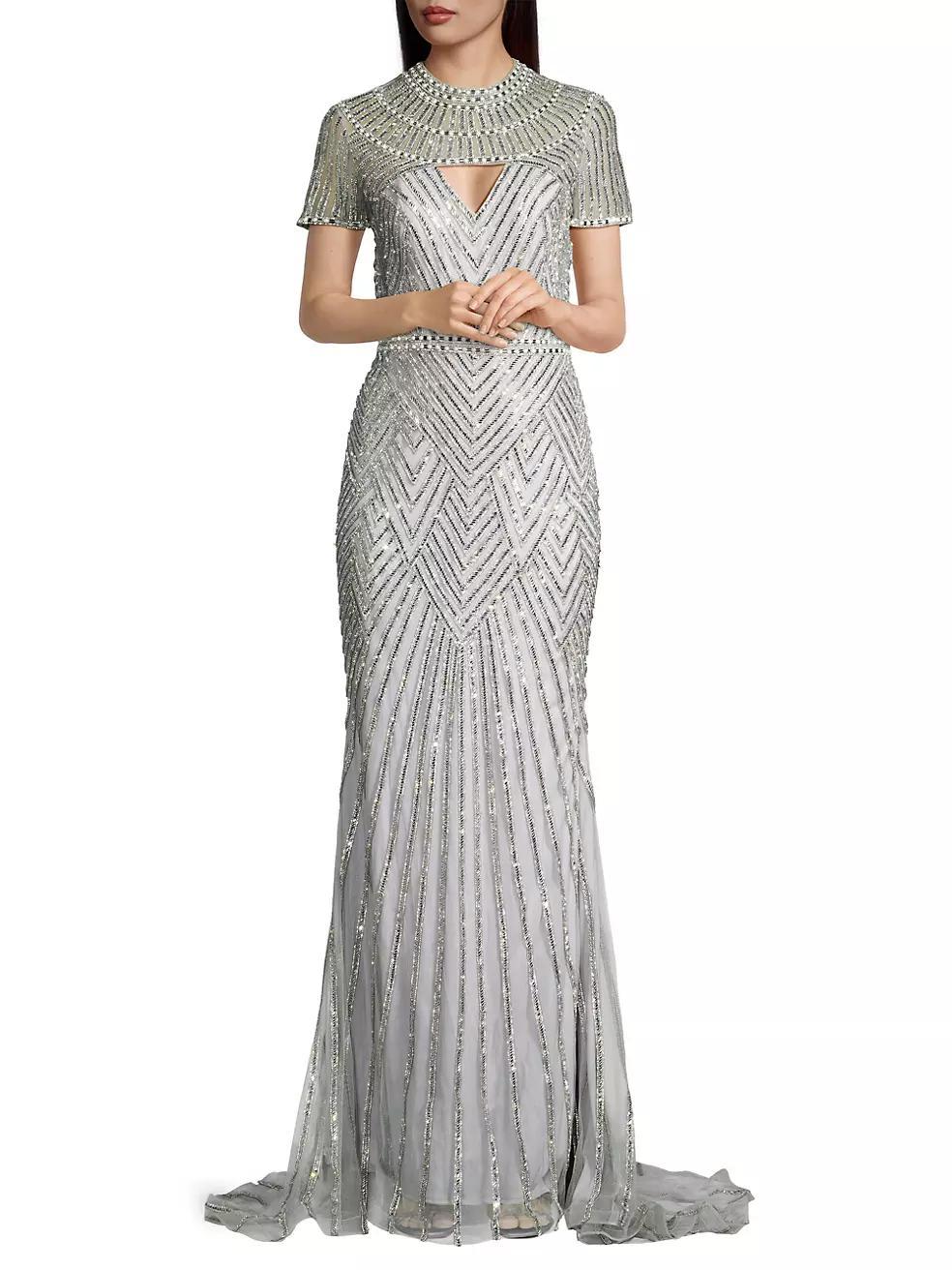 Beaded Short-Sleeve Gown Product Image