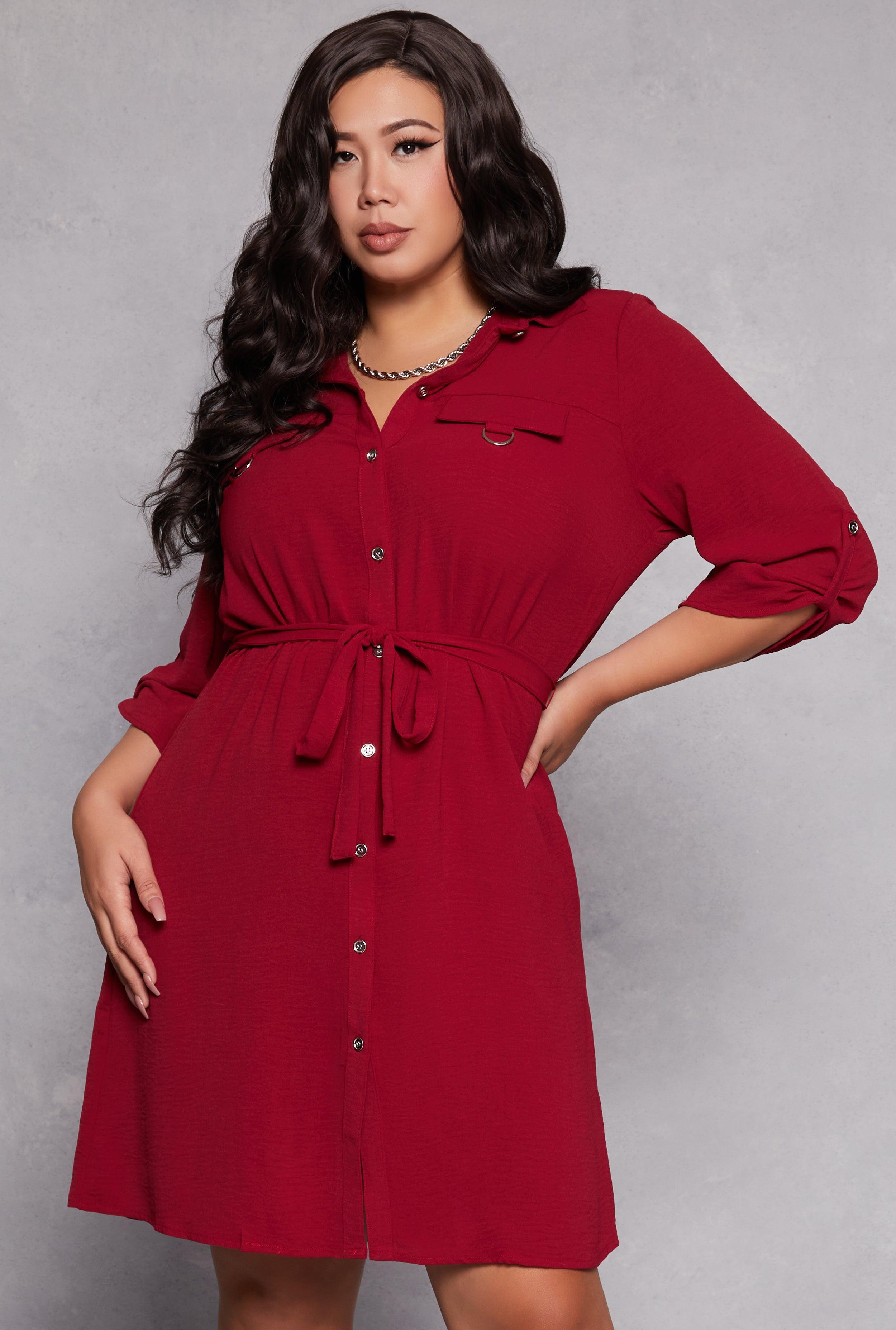 Womens Plus Size Crepe Knit Tie Waist Shirt Dress Product Image