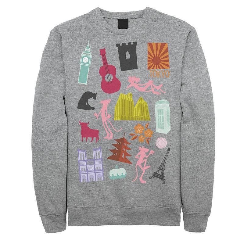 Mens Pink Panther Around The World Doodles Sweatshirt Athletic Grey Product Image