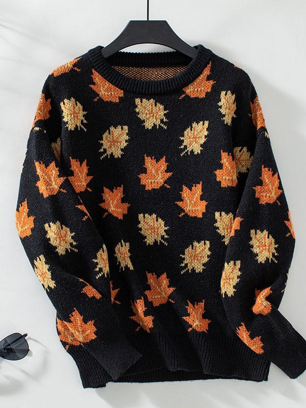 Long Sleeves Loose Contrast Color Jacquard Knitted Leaves Split-Joint Round-Neck Pullovers Sweater Tops Product Image