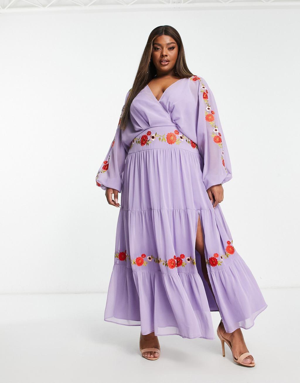 ASOS DESIGN Curve v neck batwing chiffon maxi dress with embroidery detail in lilac Product Image