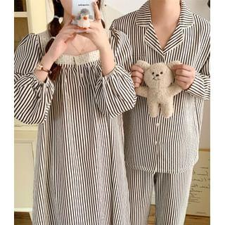 Couple Matching Long-Sleeve Striped Pajama Top / Pants / Midi Sleep Dress / Set (Various Designs) Product Image