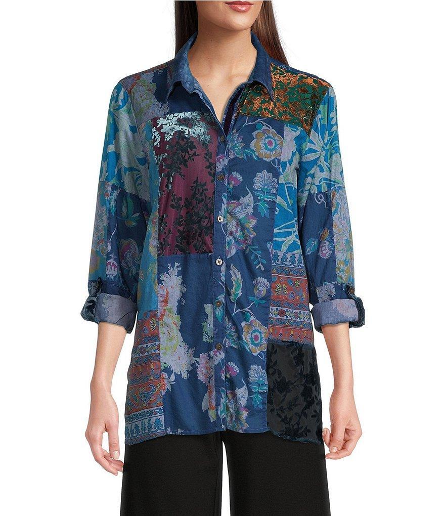 John Mark Patchwork Print Button Front Long Roll-Tab Sleeve Blouse Product Image