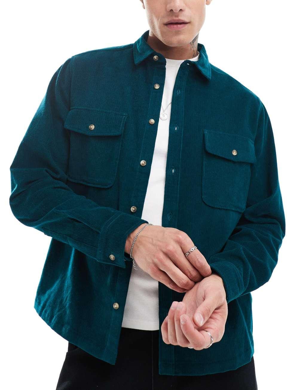 ASOS DESIGN cord overshirt in teal product image