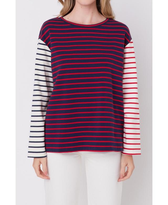 Womens Striped Color Block Long Sleeve Tee Product Image