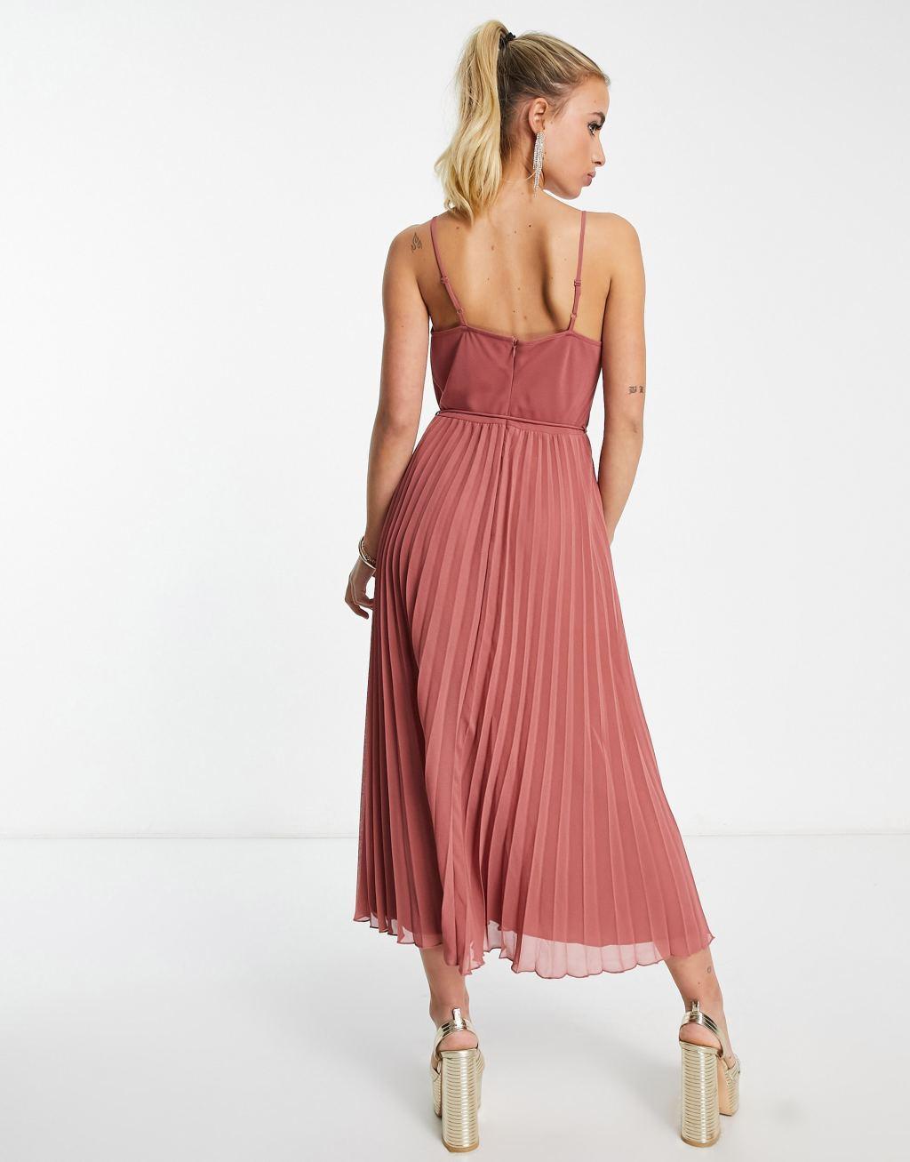 ASOS DESIGN cowl neck strappy pleated midi dress with tie waist in rose pink Product Image