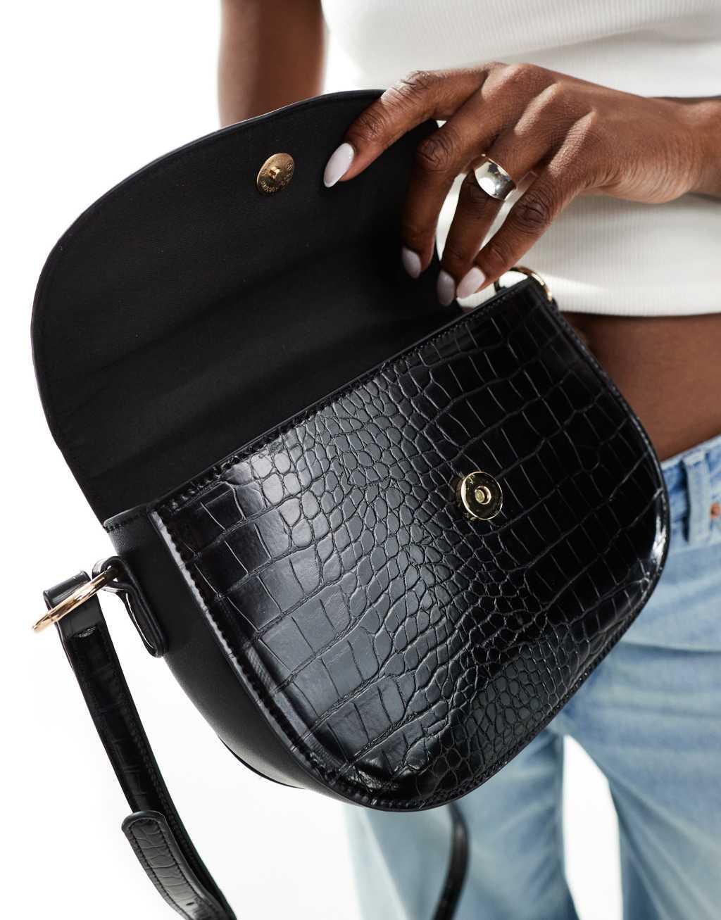 Glamorous croc effect crossbody flap bag in black  Product Image