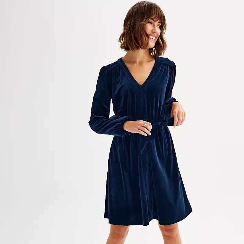 Womens Draper James Long Sleeve Belted Velvet Dress Blue Product Image