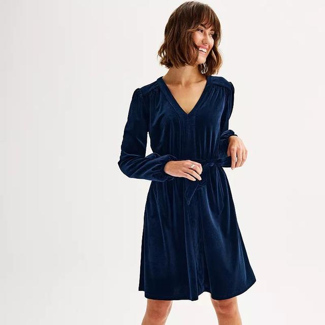 Womens Draper James Long Sleeve Belted Velvet Dress Blue Product Image