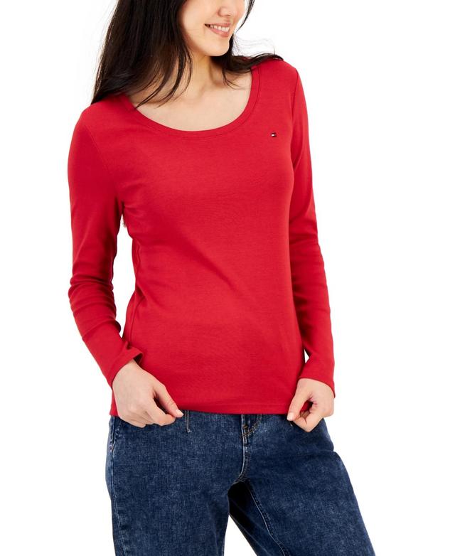 Tommy Hilfiger Womens Solid Scoop-Neck Long-Sleeve Top Product Image