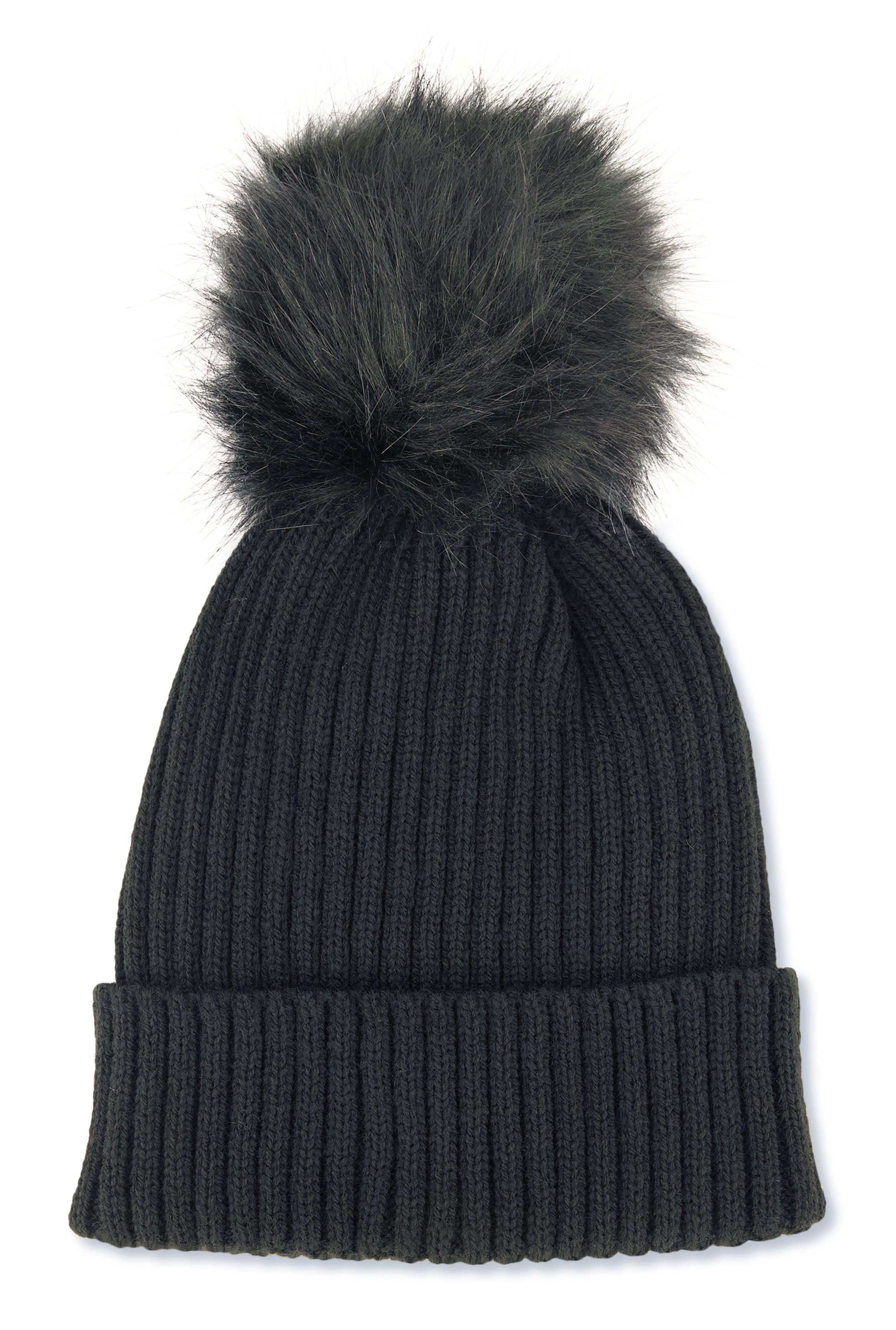 Ribbed Knit Faux Fur Pom Pom Beanie Female Product Image