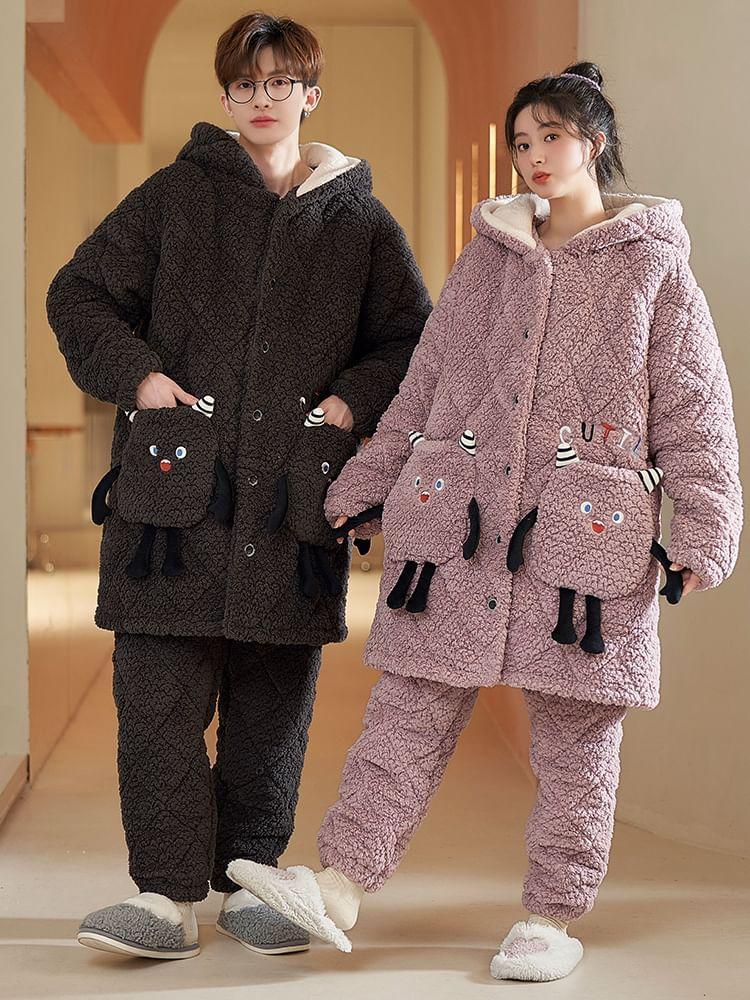 Couple Matching Pajama Set: Cartoon Patterned Hood Coral Fleece Button Jacket + Straight Leg Pants Product Image