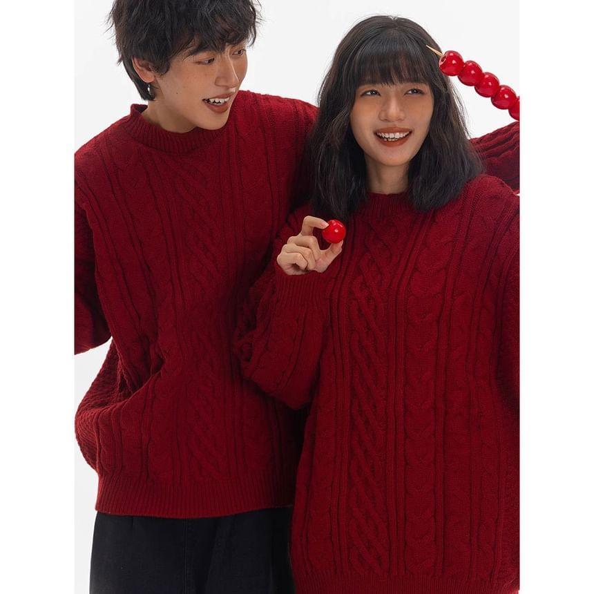 Couple Matching Crew Neck Plain Cable Knit Sweater Product Image