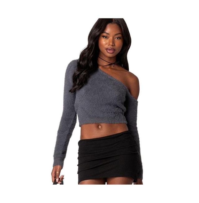 EDIKTED Frannie One-Shoulder Fuzzy Crop Top Product Image