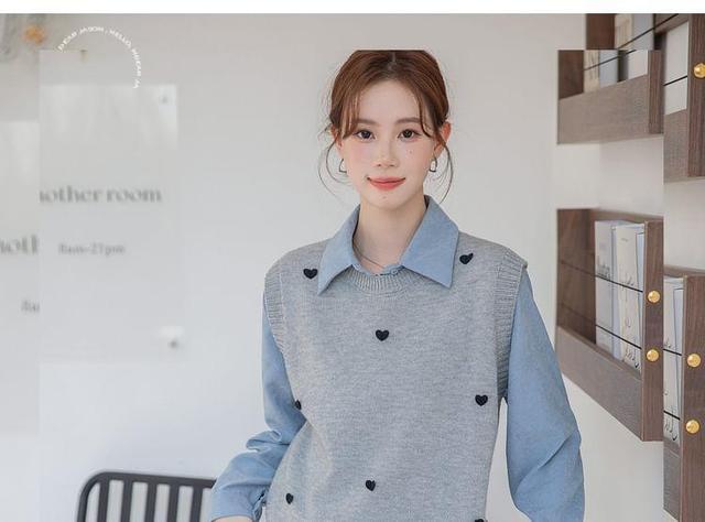 Round Neck Heart Detail Sweater Vest / Long-Sleeve Collared Plain Shirt Product Image