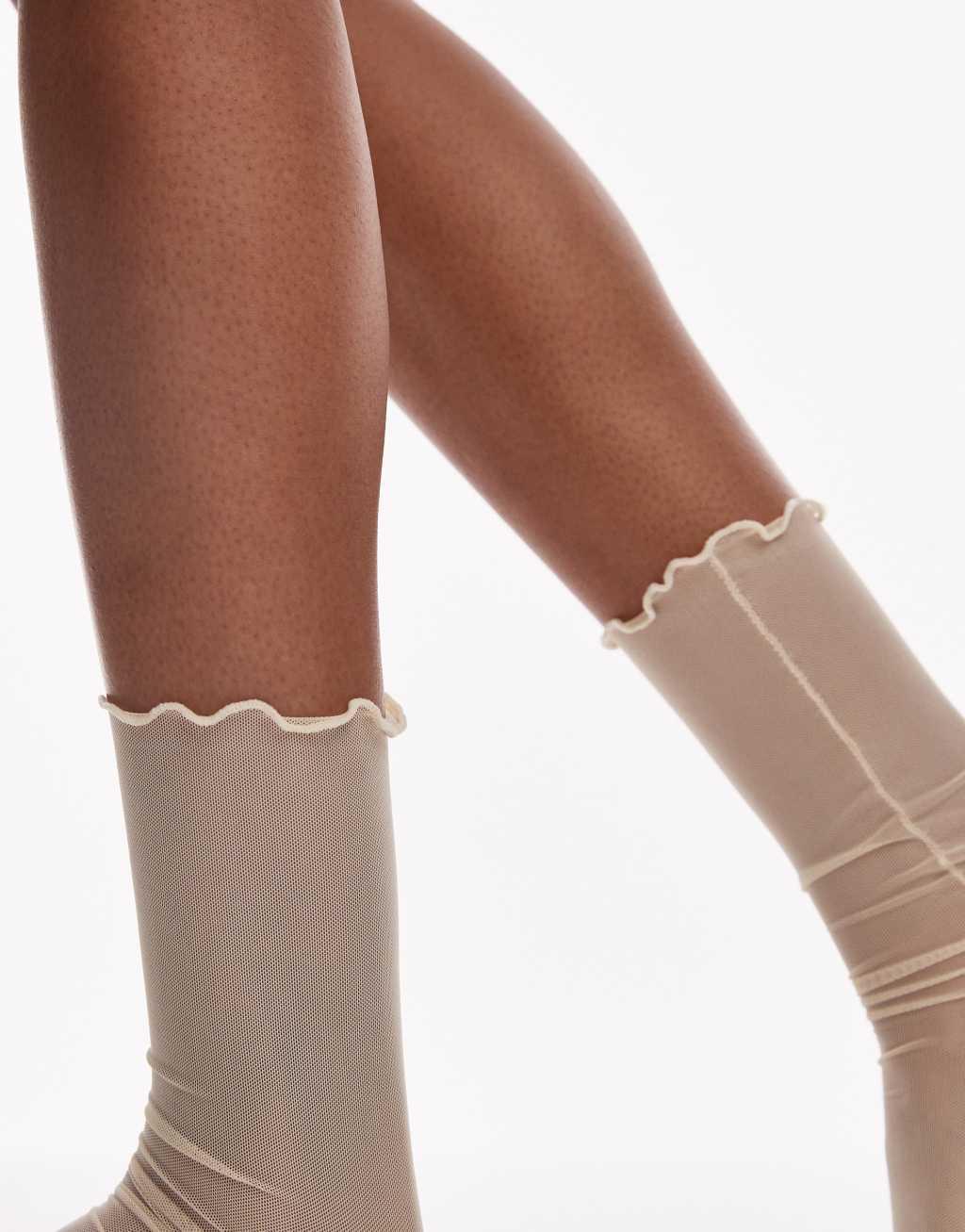 Topshop sheer socks with frill edge in off white Product Image