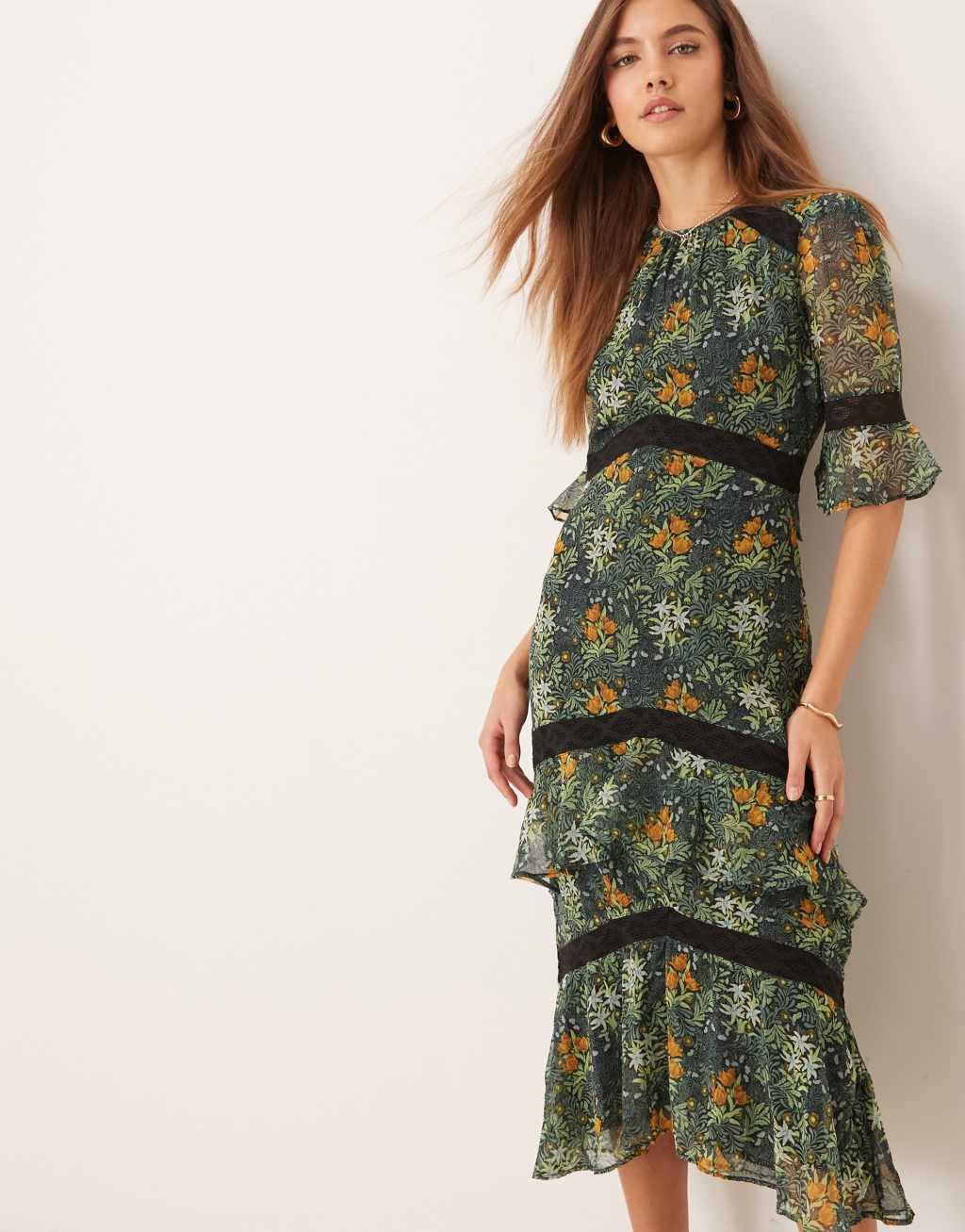 Hope & Ivy in collaboration with The William Morris Society tiered Hem midi dress with lace trims in dark green floral Product Image