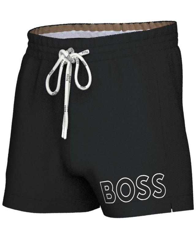 HUGO BOSS Boss By  Men's Mooneye Outlined Logo Drawstring 3" Swim Trunks In Black Product Image