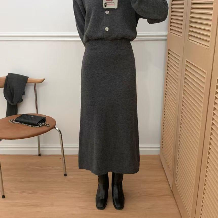 Set: V-Neck Plain Cardigan + Shawl + High Rise Knit Midi A-Line Skirt Product Image