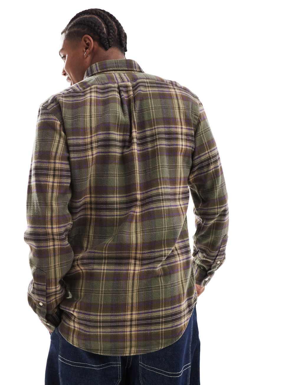 Polo Ralph Lauren icon logo plaid brushed flannel shirt in olive green/brown Product Image