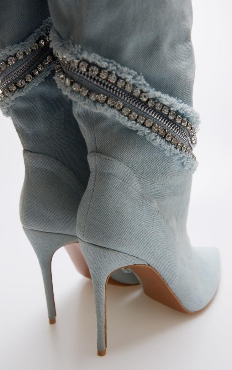 Light Blue Denim Point Toe Diamante Zip High Stiletto Knee High Boots Product Image