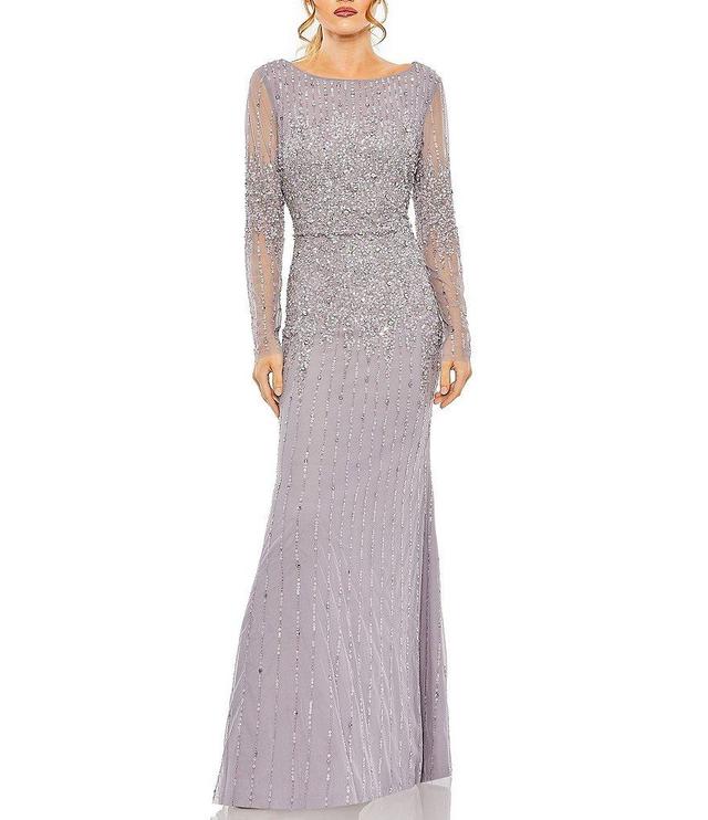 Mac Duggal Long Sleeve Bateau Neck Sequin Embellished A Line Gown Product Image