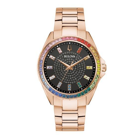 Men's Bulova Phantom Rainbow Crystal Accent Rose-Tone Watch with Black Dial (Model: 97A180) Product Image