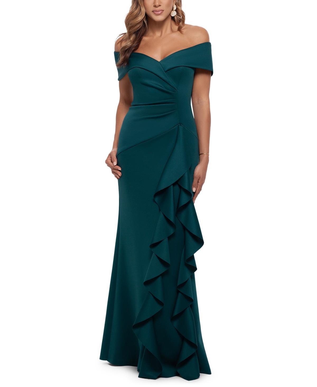 Xscape Evenings Off the Shoulder Ruffle Crepe Trumpet Gown Product Image